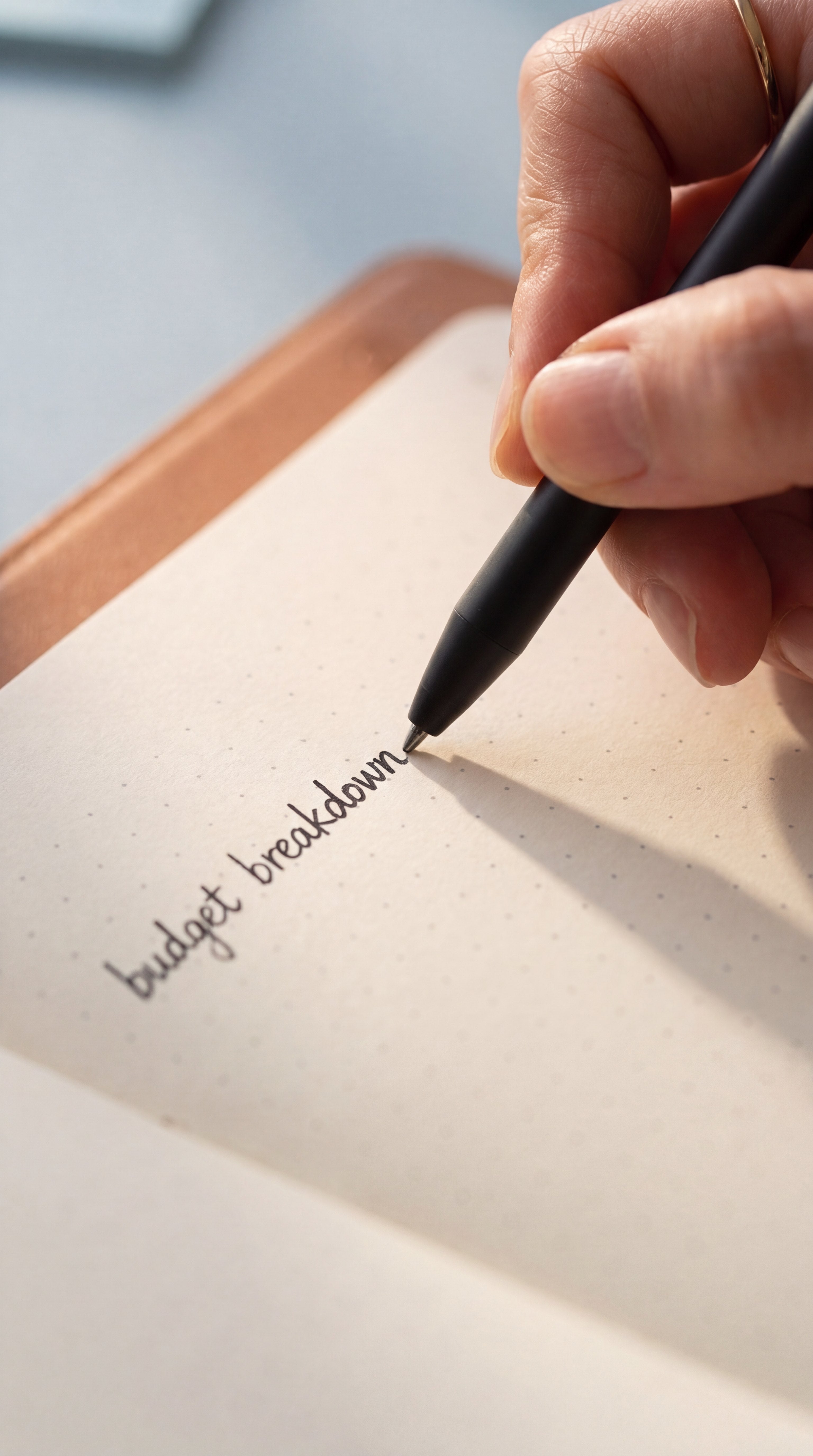 Close-up of a hand writing 'budget breakdown' on NoteFlow's dotted paper with the NoteFlow pen